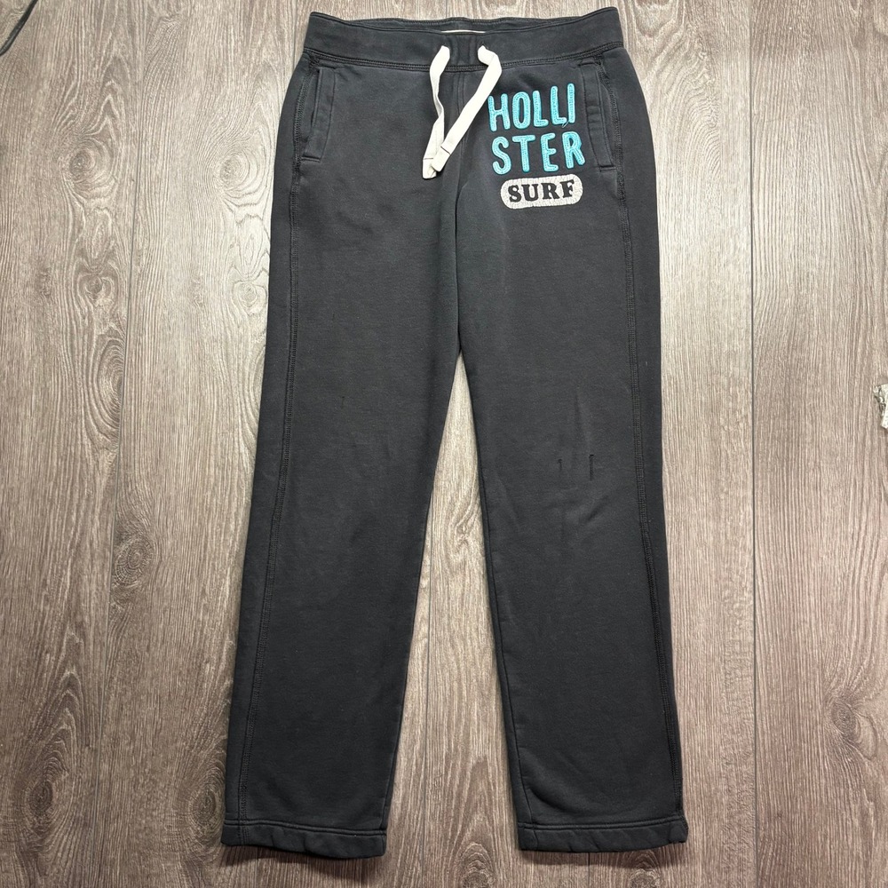 Hollister Surf Sweatpants Womens Small Black Teal Logo Y2K Straight Leg Joggers
